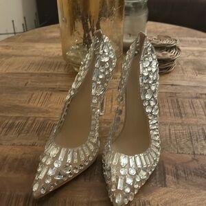 Crystal Embellished Pointed-Toe Heels - Clear/Silver
